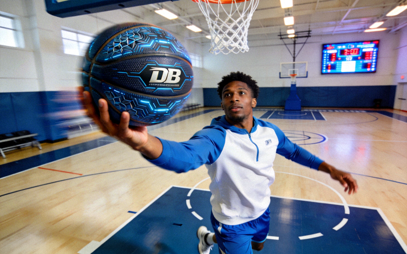 专业篮球运动员在训练馆使用DB旗舰智能篮球进行投篮训练